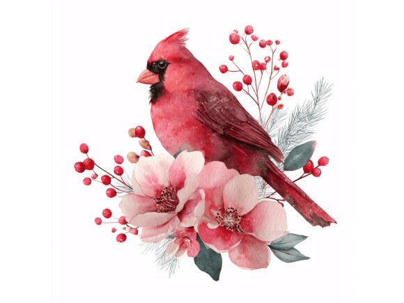 20 JPG Cardinal Floral Watercolor Illustrations