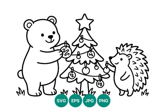 Bear and Hedgehog Decorating Christmas Illustrations