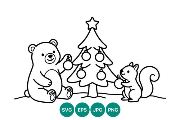 Bear and Squirrel Christmas Tree Decor Illustrations