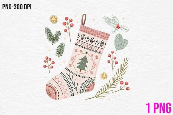 Christmas Stocking Floral Clipart PNG: Illustrations
