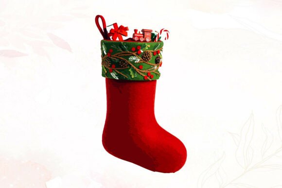 Christmas Stocking with Gifts and Train Illustrations