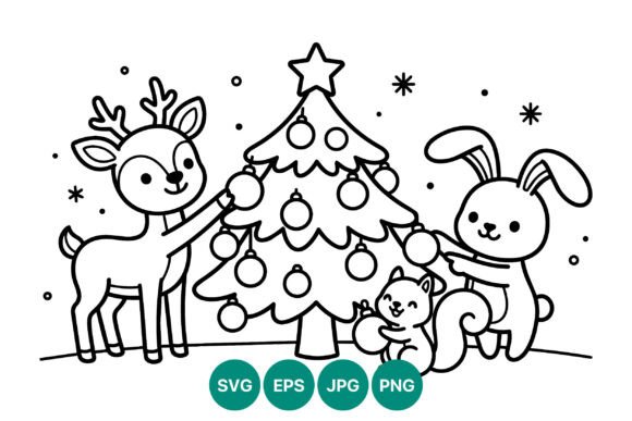 Christmas Tree Animals Line Art Illustrations