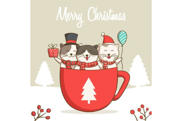 Cute Cats Inside Christmas Cup Illustrations