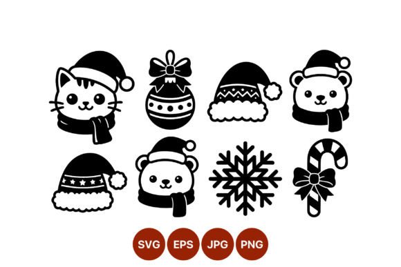 Cute Christmas Cat and Bear Icons: Festive Illustrations