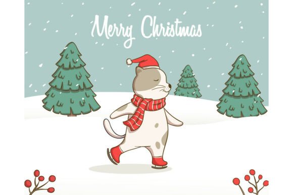 Cute Christmas Cat Sliding on Snow Illustrations