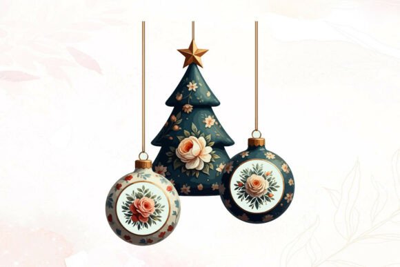Floral Christmas Tree and Baubles Illustrations