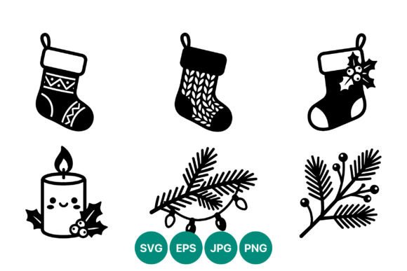 Reviewing Christmas Stockings Candle Pine Icons Illustrations