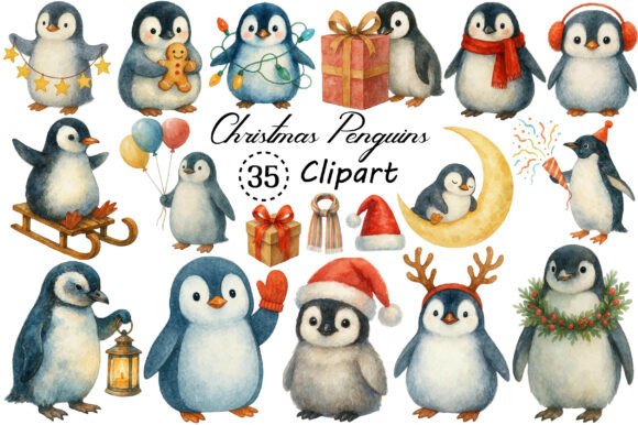 Watercolor Cute Christmas Penguins PNG Freebies