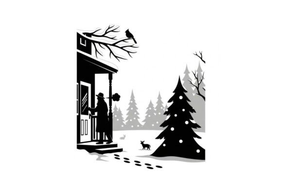 Winter Scene Silhouette with Christmas T Illustrations